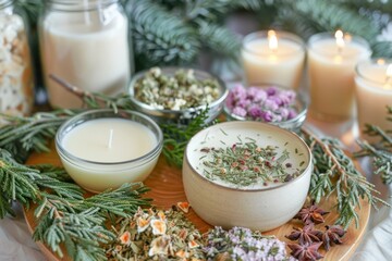Natural Holiday Candle Making Setup with Soy Wax and Dried Herbs