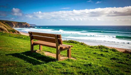 Obraz premium Empty wooden bench overlooking a scenic beach