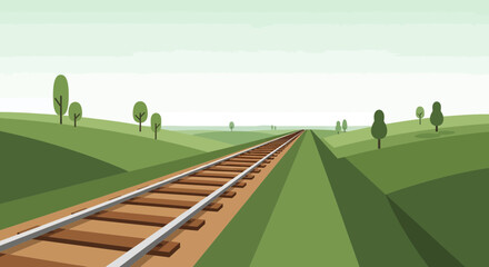 Tranquil Cartoon Landscape with Railroad Tracks Stretching to Horizon