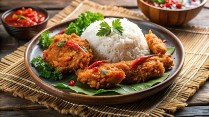Fototapeta premium Crispy Indonesian fried chicken with spicy sambal sauce on a plate surrounded by steamed rice and garnished with fresh cilantro leaves, spicy sauce, rice