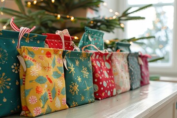 Reusable Fabric Advent Calendar with Colorful Christmas Pouches