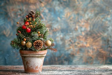 Small Christmas Tree in Clay Pot with Natural Decorations