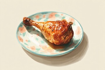 digital painting of roasted chicken drumstick on plate, pastel cream background, minimal cozy illustration
