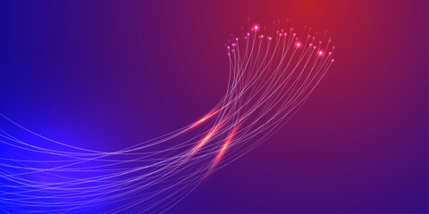 Dynamic abstract of glowing data streams or fiber optic trails arching across a vibrant violet and magenta gradient. Focuses on high-tech energy and flow © yousuf757