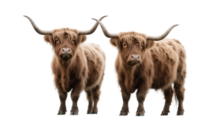 Two Highland cows with long, curved horns and shaggy brown fur are standing side by side.