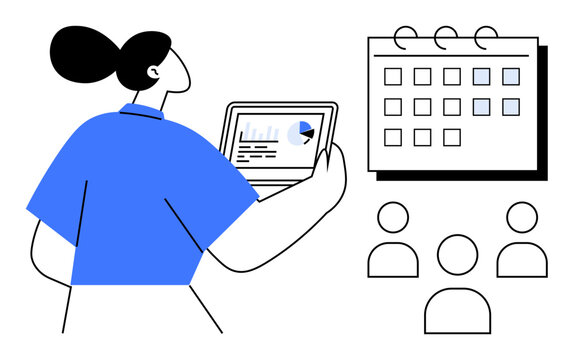Woman with tablet displaying data charts pointing to a calendar, with team figures Ideal for management, planning, scheduling, teamwork, analytics, productivity, strategy. Simple flat metaphor
