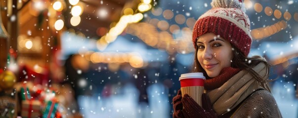 Woman Enjoying Hot Coffee at Snowy Christmas Market