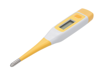 Close up, yellow and white body temperature digital thermometer, isolated object on transparent background.
