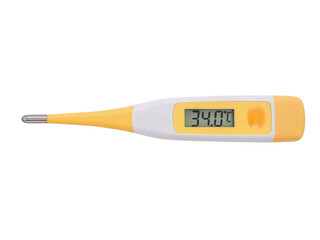 Close up, yellow and white body temperature digital thermometer, indicating a body temperature of 34 degrees Celsius or 93.2 Fahrenheit, which is hypothermia, isolated object on transparent background