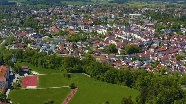 Aerial view of the city Traunstein in Germany, Bavaria on a sunny spring noon