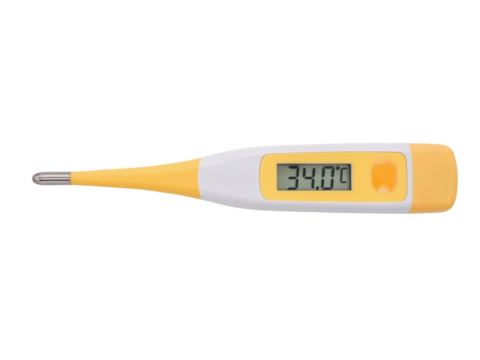 Close up, yellow and white body temperature digital thermometer, indicating a body temperature of 34 degrees Celsius or 93.2 Fahrenheit, which is hypothermia, isolated object on transparent background