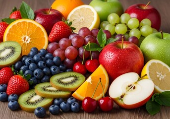 fruits and vegetables, Colorful Assortment of Fresh Fruits with Water Droplets — Vibrant Display of Natural Texture, Nutrition, and Seasonal Beauty