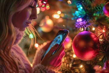 Woman Using Smartphone Near Christmas Tree with Colorful Lights