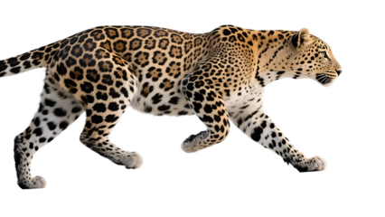 A leopard in full stride, displaying its distinctive spotted coat and powerful physical attributes in a natural setting.