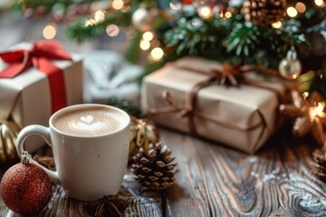 Cozy Christmas Morning Coffee with Gifts and Lights