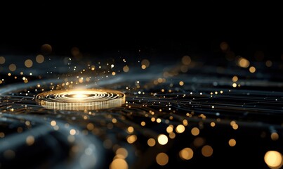 a dark background with light rays and golden circuits a glowing chip is at the center, creating an atmosphere that reflects technology and innovation Generative AI
