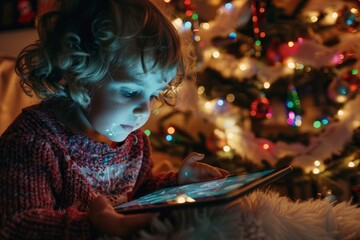 Child Using Tablet by Christmas Tree Lights