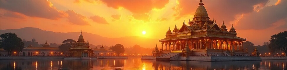 Golden Temple Sunrise Majestic Ancient Architecture Bathed in Warm Light, Evoking Spiritual Serenity and Peaceful Calm.