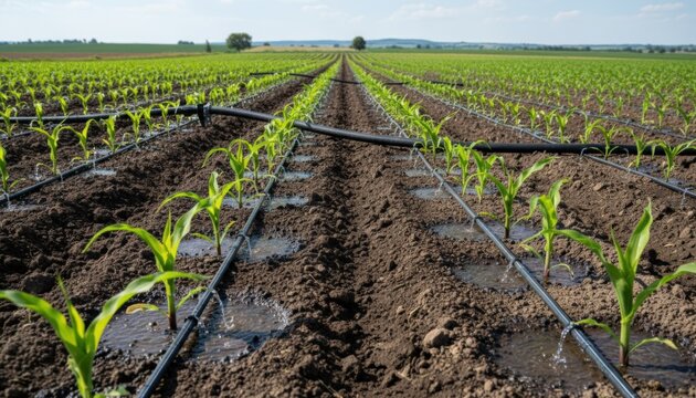 Medium shot of a farm field showcasing drip irrigation system delivering water directly to plant roots with precision tubes and emitters - Powered by Adobe
