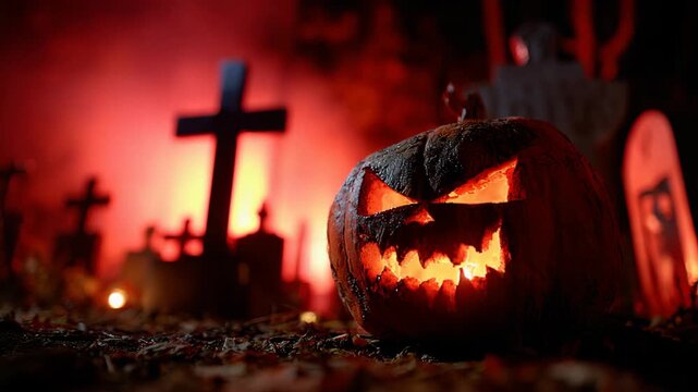 A spooky Halloween backdrop features a close-up of a Jack-O-Lantern carved pumpkin glowing with eerie red light. In the background,