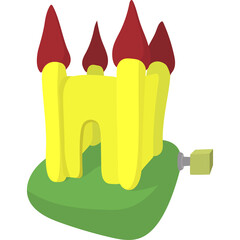 Yellow And Red Castle Inflatable Bounce House With Green Base And Air Pump On Transparent Background