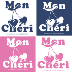 Pink Mon Cheri Poster Design Print. Navy Mon cheri, my darling in French. Beautiful quote typography and cherry drawing. Vector illustration design