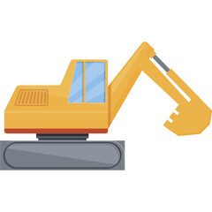 Yellow Excavator Construction Vehicle With Tracks And Bucket Arm Isolated On White Background Flat Design