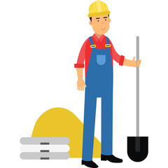 Construction worker wearing blue overalls red shirt and yellow hard hat holding shovel standing...