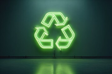 recycling symbol glowing with green neon light on pastel wall, surreal minimal design
