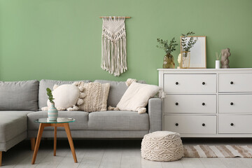 Vases with eucalyptus branches on chest of drawers near green wall in interior of living room