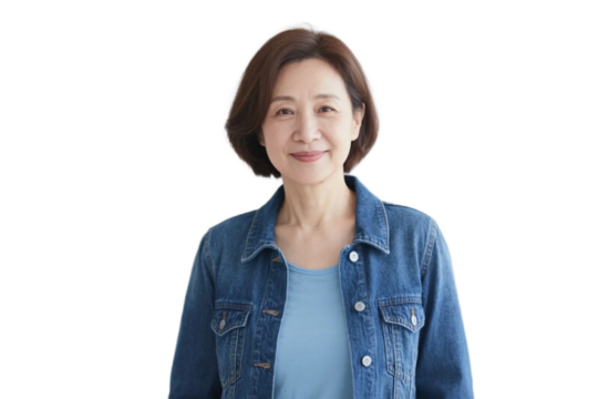 A middle-aged woman in a denim jacket has a pleasant and composed expression, presenting a casual and elegant look.