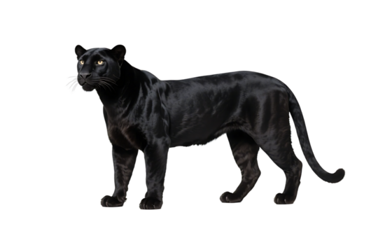 A black panther is depicted standing alone, showcasing its sleek black coat and powerful stance in a clear background.