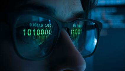 Programmer wearing glasses with green binary code reflecting on the lenses, viewing digital information on a screen. Concept of coding and cybersecurity, close up of the glasses