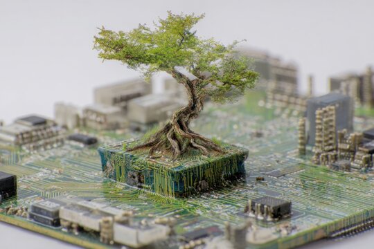 tree sprouting from circuit board, fusion of nature and technology, surreal eco-futurism