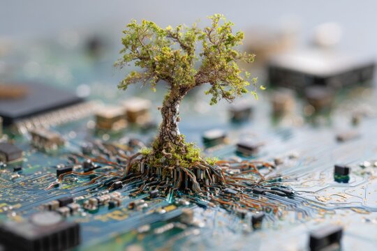 tree sprouting from circuit board, fusion of nature and technology, surreal eco-futurism