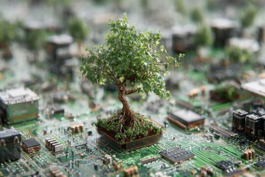 tree sprouting from circuit board, fusion of nature and technology, surreal eco-futurism