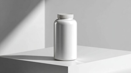 Single white supplement bottle on geometric background for minimalist health product branding visuals