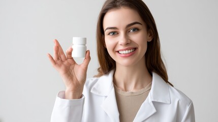 Smiling woman presenting skincare product for cosmetic commercial or influencer marketing branding visuals
