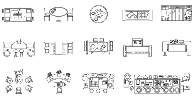 restaurant layout plan presenting furniture arrangement from above showcasing seating tables and service areas for interior design and layout purposes.