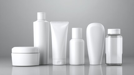 White skincare and cosmetic containers on reflective surface for clean beauty branding and product design mockup