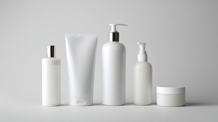 Cosmetic containers in white minimalist setup for clean skincare branding, spa product or packaging mockup design