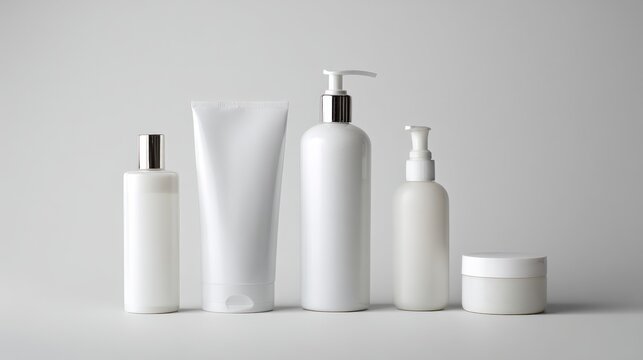 Cosmetic containers in white minimalist setup for clean skincare branding, spa product or packaging mockup design