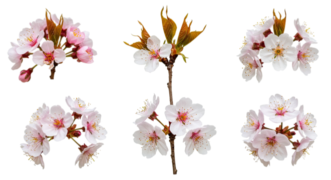 Collection of delicate cherry blossom branches and flowers isolated on white background.