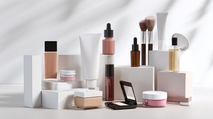 Makeup brushes and beauty products arranged on bright surface for professional cosmetic branding and fashion editorial
