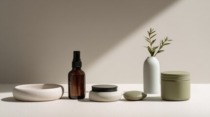 Natural ceramic vases and amber bottle with leaves for organic home decor or spa product visual branding