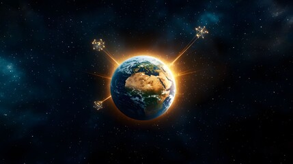 Naklejka premium The image displays the Earth against a star-filled space backdrop, highlighted with a radiant glow, and features geometric, connected structures beaming towards its surface.