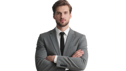 A confident young man in a formal suit stands with arms crossed against a white background, exuding a professional and self-assured demeanor.