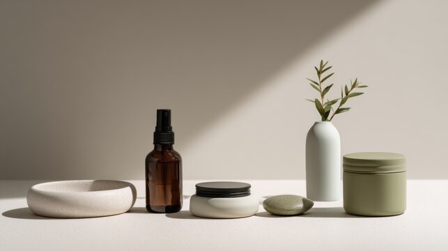 Natural ceramic vases and amber bottle with leaves for organic home decor or spa product visual branding