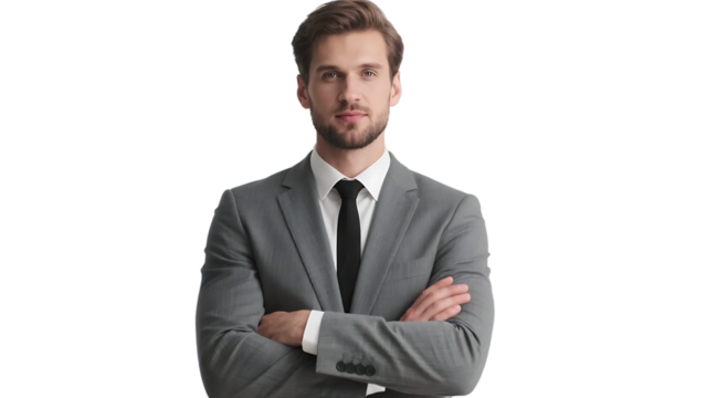 A confident young man in a formal suit stands with arms crossed against a white background, exuding a professional and self-assured demeanor.