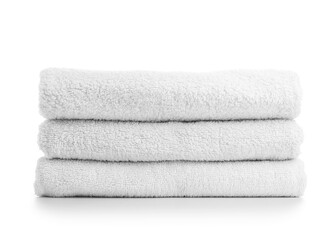 Stack of clean soft towels isolated on white background, closeup
